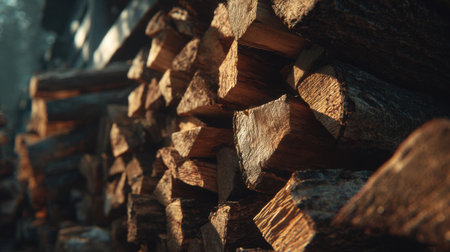 A closeup view of neatly stacked hardwood logs in a forest. The warm textures and natural light create a serene outdoor atmosphere ideal for various creative projects.の素材