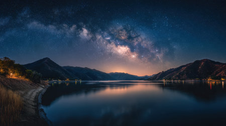 Capture the serene beauty of a tranquil lake under a stunning night sky, featuring the Milky Way and peaceful mountain silhouettes.の素材