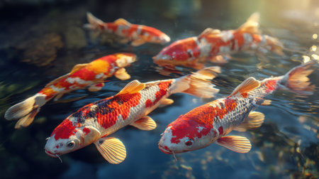 A vibrant scene captures colorful koi fish gracefully swimming in a serene pond, illuminated by sunlight, showcasing their stunning patterns.の素材