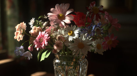 A vibrant bouquet of assorted fresh flowers in a clear glass vase. Soft natural light enhances the colors and creates a serene atmosphere.の素材