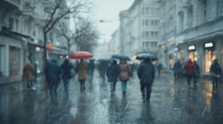 A vibrant urban scene captures people walking under umbrellas in the rain, creating a dynamic atmosphere on a reflective wet pavement.の素材