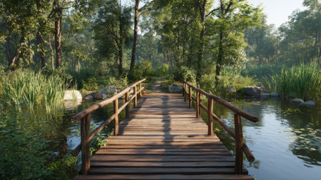 A picturesque wooden bridge surrounded by lush greenery and calm water, offering a tranquil escape into nature's serene beauty. Perfect for relaxation.の素材