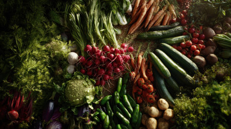 A vibrant assortment of fresh organic vegetables arranged on a wooden surface, showcasing an array of colors and shapes for culinary inspiration.の素材