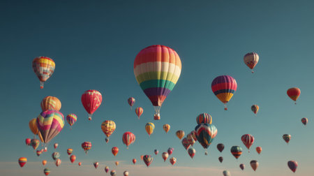 A stunning view of numerous hot air balloons soaring gracefully in a bright blue sky during sunrise, capturing the essence of adventure and freedom.の素材