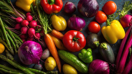 A vibrant collection of fresh vegetables and herbs displayed beautifully on a blue surface, perfect for promoting healthy eating and culinary creativity.の素材