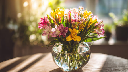 A stunning arrangement of vibrant flowers in a clear glass vase enhances a warm indoor atmosphere, showcasing the beauty of nature and light.の素材