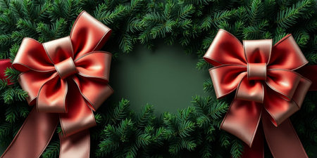 This elegant Christmas wreath features rich green foliage and vibrant red bows, creating a beautiful backdrop for seasonal celebrations and messages.の素材
