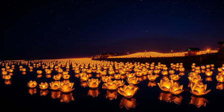 A breathtaking night scene showcasing a vast array of glowing lotus flowers floating gently on the water, creating a tranquil ambiance.の素材