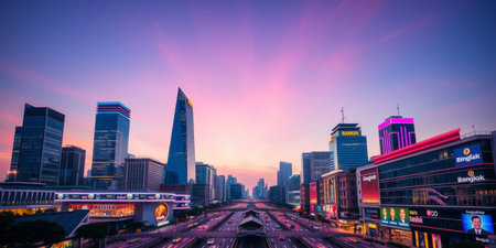 A stunning view of a modern city skyline at dusk, showcasing vibrant colors in the sky and a busy highway filled with vehicles.の素材