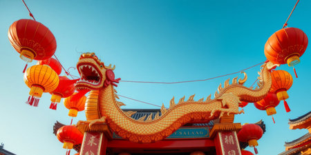 A stunning golden dragon sculpture rises majestically, adorned with vibrant red lanterns against a clear blue sky, symbolizing celebration and culture.の素材