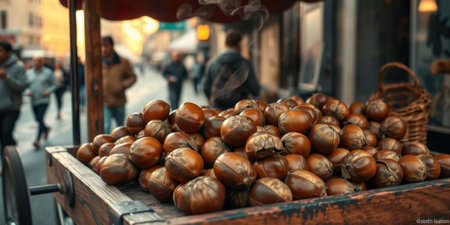 A lively street scene featuring a cart overflowing with warm chestnuts, inviting passersby with their rich aroma in a bustling urban setting.の素材