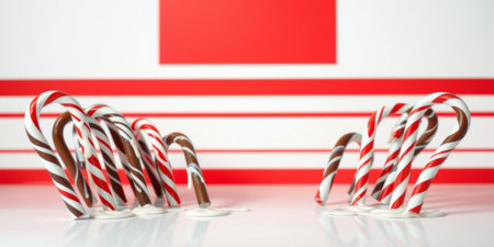 A vibrant composition showcases melting candy canes set against a white backdrop with red stripes, evoking festive cheer and holiday spirit.の素材