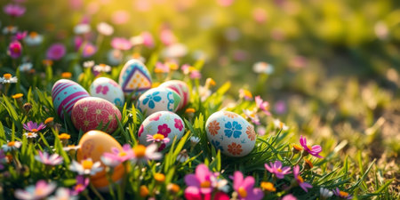 A charming scene of colorful Easter eggs nestled among blooming flowers in a sunlit meadow, capturing the essence of spring celebrations.の素材