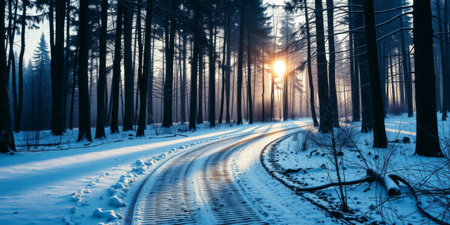 Experience the serenity of a winter landscape with a snow-covered pathway winding through tall pine trees, illuminated by gentle sunlight.の素材