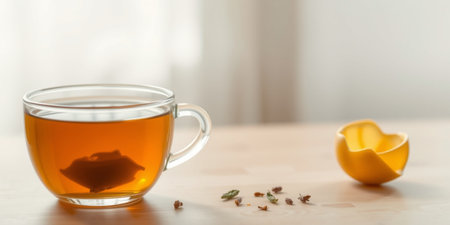A steaming cup of herbal tea captures a moment of tranquility, showcasing a tea bag steeping, surrounded by scattered spices and vibrant citrus peels.の素材
