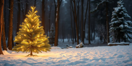 A beautifully lit Christmas tree stands alone in a serene snowy forest, creating a magical winter wonderland atmosphere during dusk.の素材