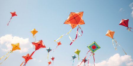 A stunning scene of colorful kites soaring in the blue sky, capturing the spirit of joy and freedom that outdoor activities bring to all ages.の素材