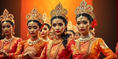 Group of graceful dancers in vibrant traditional costumes performing a captivating dance, showcasing rich cultural heritage and artistry in warm light.の素材