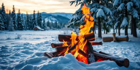 A striking winter scene featuring a vibrant campfire surrounded by snow, towering pine trees, and mountains under a warm sunset glow.の素材
