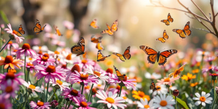 Experience a stunning scene of colorful butterflies dancing among vibrant flowers in a serene meadow during the golden hour, celebrating natureの素材
