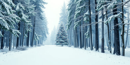 A peaceful winter scene showcasing a snow-draped forest with tall trees lining a serene pathway, highlighting a solitary pine tree amidst the tranquil beauty.の素材