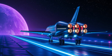 A sleek futuristic jet stands poised on a neon-lit runway, with a stunning purple moon hovering in a star-studded cosmic sky, embodying adventure.の素材