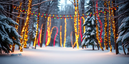 A captivating scene of a winter forest pathway illuminated by colorful lights, surrounded by tall snow-covered pine trees, creating a serene holiday atmosphere.の素材