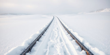 A striking winter scene featuring an empty set of train tracks meandering through a fresh blanket of snow under a calm gray sky.の素材