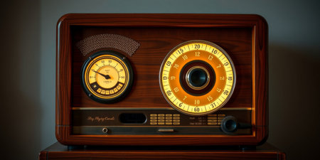 This vintage wooden radio showcases retro design elements, including a clock and intricate dials, perfect for enhancing nostalgic home decor.の素材