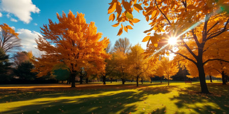 This picturesque autumn landscape captures golden leaves against a blue sky with radiant sunlight filtering through trees, showing nature's beauty.の素材