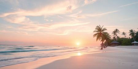 Experience the tranquil beauty of a tropical beach at sunset, where gentle waves caress the shore and palm trees sway under vibrant skies.の素材