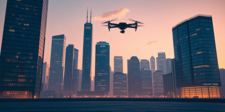 A stunning aerial view of a vibrant city skyline at sunset, showcasing a drone flying above modern buildings and skyscrapers in an urban landscape.の素材