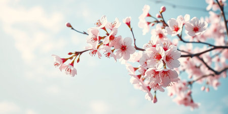 A vibrant cherry blossom branch showcases soft pink flowers against a serene blue sky, capturing the essence of spring's beauty and tranquility.の素材
