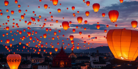 An enchanting scene depicting a myriad of glowing lanterns lighting up the sky at dusk, creating a magical atmosphere over the city.の素材