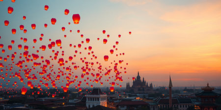 A stunning view of a city at sunset, with vibrant red lanterns illuminating the sky, creating a magical atmosphere full of wonder.の素材