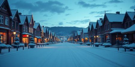 A peaceful winter street scene featuring snow-covered homes lined with soft evening lights, creating a tranquil and picturesque atmosphere perfect for the season.の素材
