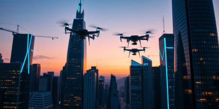 Stunning aerial view captures drones flying gracefully over tall skyscrapers during sunset, creating a vibrant urban landscape filled with technology.の素材
