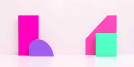 A striking arrangement of abstract geometric shapes in vibrant colors, set against a minimalist background, perfect for artistic and creative projects.の素材