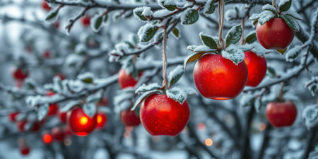 A serene winter scene featuring red apples adorned with frost, hanging from trees. The warm light creates a magical atmosphere, perfect for festive themes.の素材