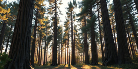 A serene forest scene featuring tall trees illuminated by golden sunlight, creating a peaceful atmosphere perfect for nature lovers.の素材