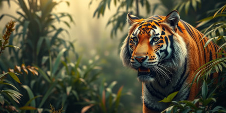 A striking portrait of a tiger in a vibrant jungle, sunlight casting shadows through lush leaves, evoking a sense of tranquility and wild beauty.の素材