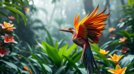 A stunning tropical bird with brilliant orange wings stands gracefully among lush foliage and vibrant flowers, creating a serene and magical atmosphere.の素材