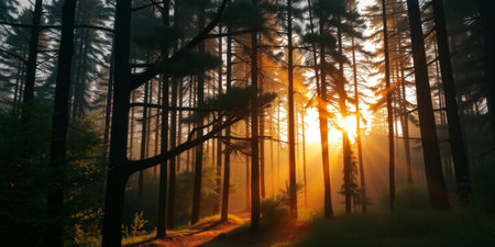 A captivating forest landscape showcasing sunlight streaming through tall trees, creating a magical atmosphere in a misty setting during sunrise.の素材