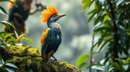 A stunning and colorful exotic bird stands proudly on a moss-covered branch within a lush tropical forest, showcasing its vibrant feathers and elegant stance.の素材