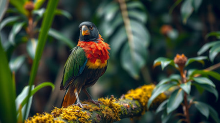 A stunning colorful bird perched elegantly on a moss-covered branch, surrounded by rich green foliage in a vibrant tropical forest scene.の素材