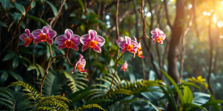 Beautiful pink orchids flourish within a verdant forest, illuminated by the warm glow of sunset, creating a tranquil and picturesque scene.の素材