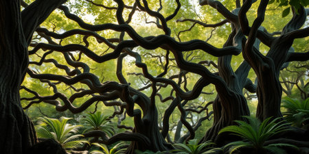 Experience the enchanting beauty of twisting branches and vibrant foliage in a serene forest, where sunlight filters through a lush canopy.の素材