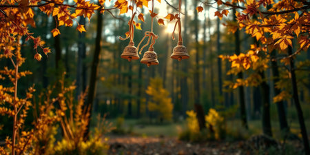 A serene forest scene showcasing three decorative bells hanging from a branch surrounded by vibrant autumn leaves and soft sunlight.の素材