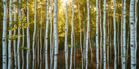 A tranquil forest scene showcasing tall white trees surrounded by lush green foliage, with gentle sunlight illuminating the serene environment.の素材