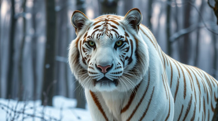 A stunning white tiger stands gracefully in a snowy forest environment, showcasing its unique stripes and captivating green eyes amidst serene nature.の素材